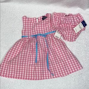 NWT ralph Lauren Pink Checkered sleeveless Dress aqua Ribbon and bloomer 9m